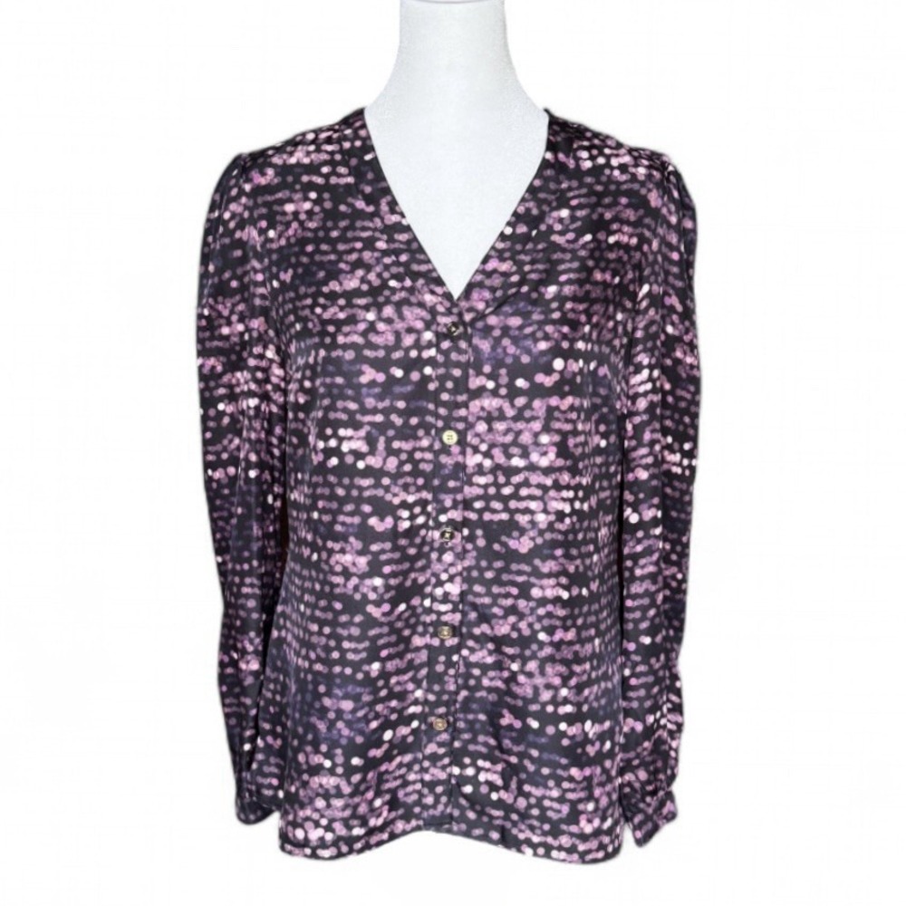 Tory Burch Silk Blouse Purple Black Blurred Dot XS Career Business Designer Luxe - Picture 2 of 16